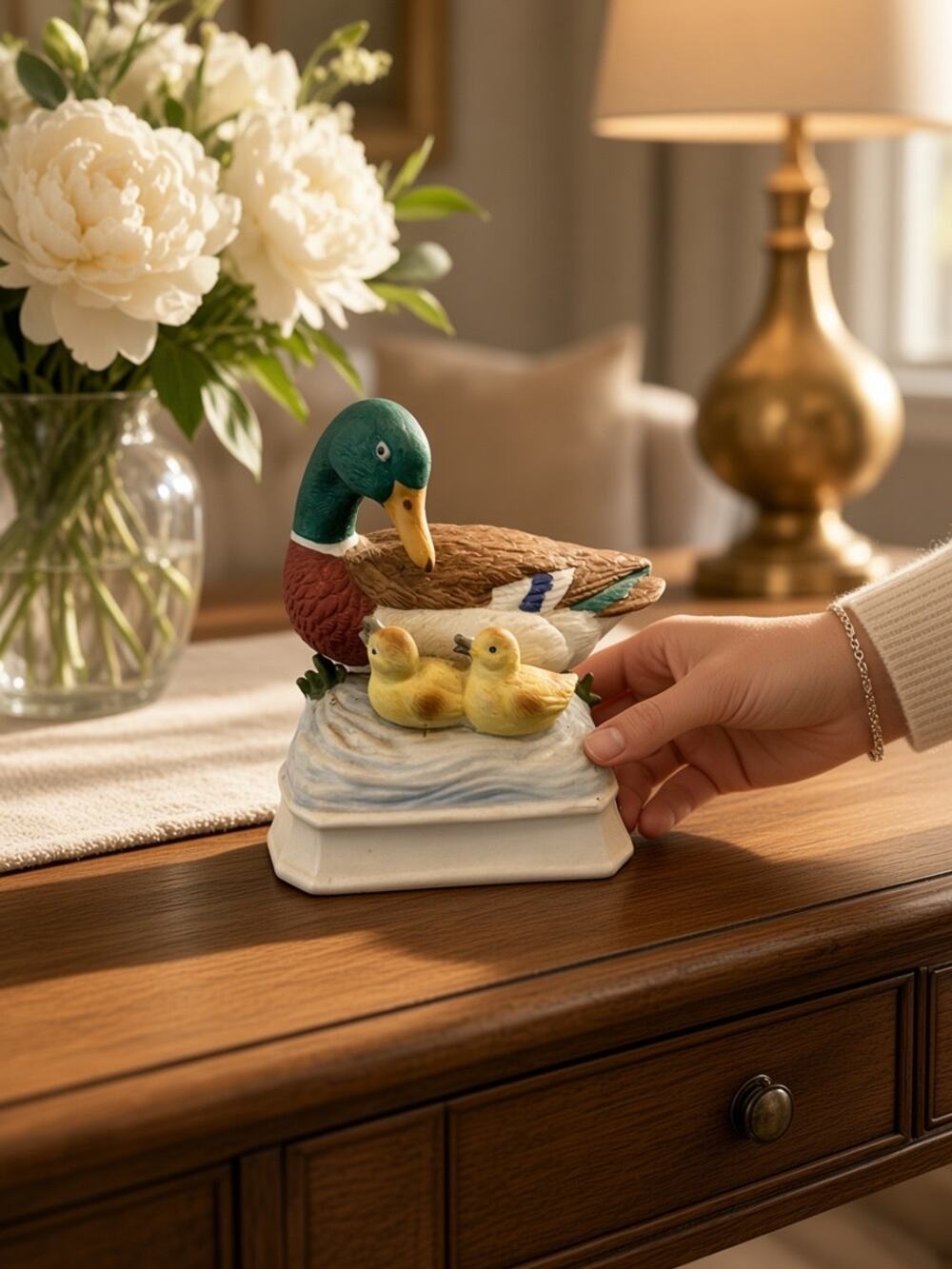 Vintage 1970s Gorham Mallard Duck Porcelain Music Box Figurine Cottagecore Gift